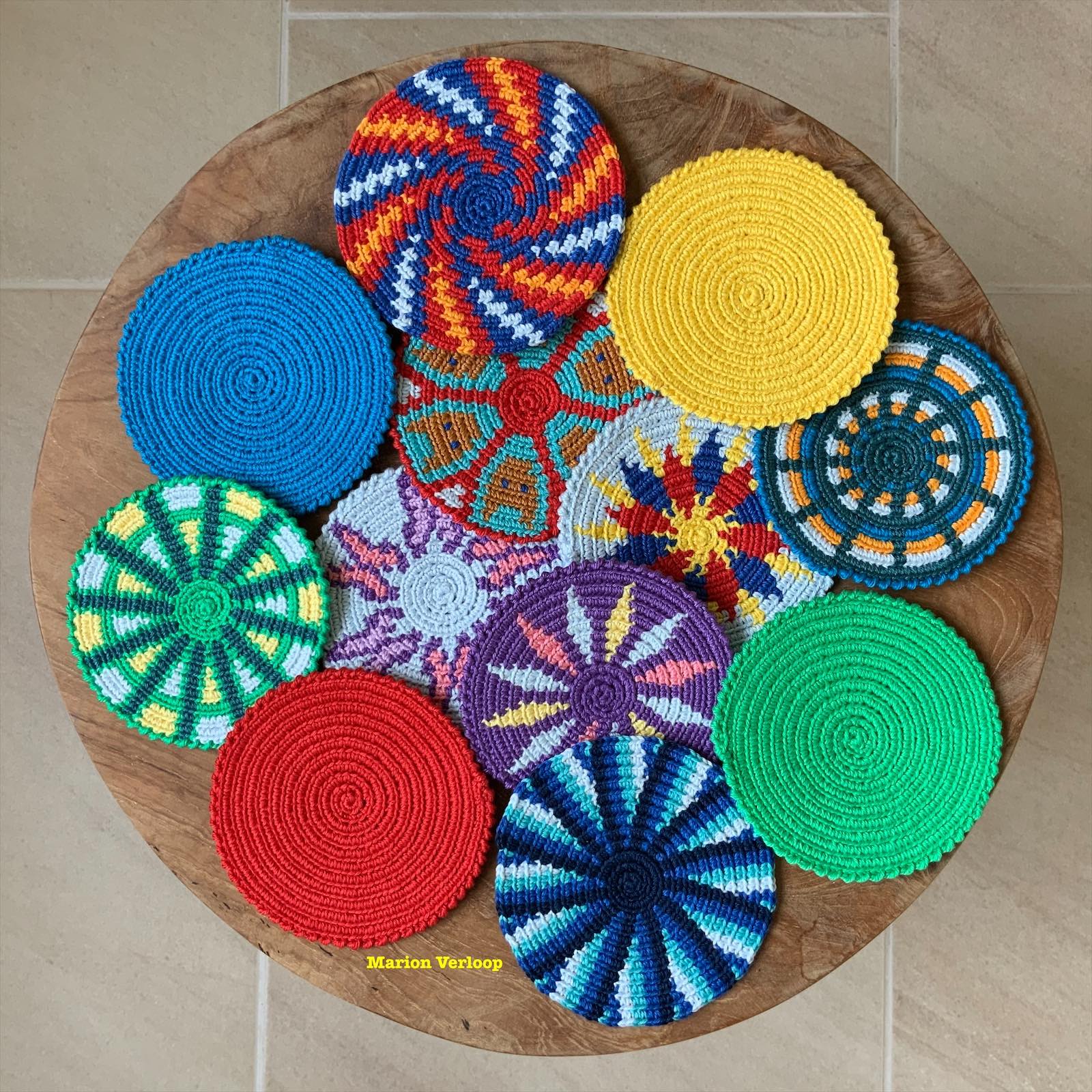 Handmade crochet coasters and a small crochet basket — a personal gift for a new weaving studio.