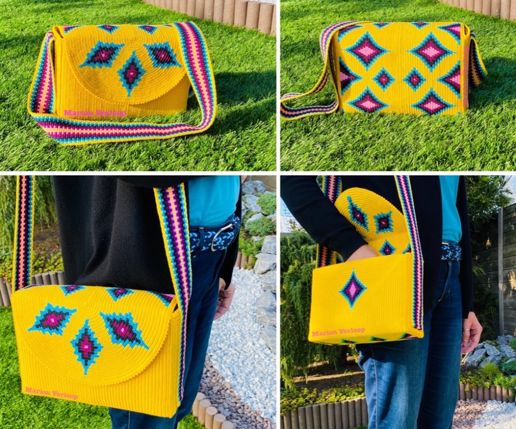 Mochila Messenger bag made with tapestry crochet in unique rectangular shape, designed by Marion Verloop.