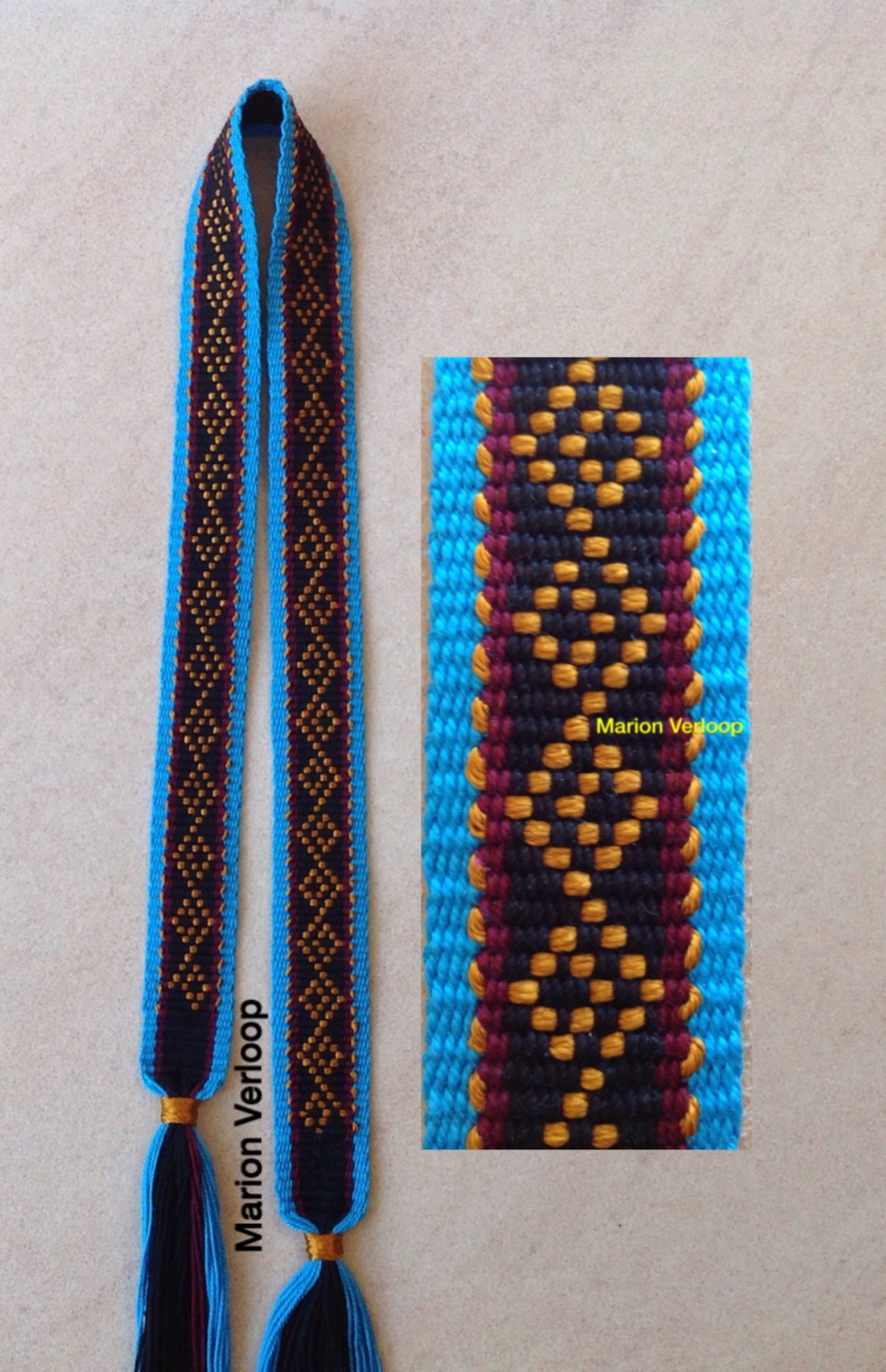 Handwoven band made with the supplementary weft technique, featuring rainbow colors and shades of blue.
